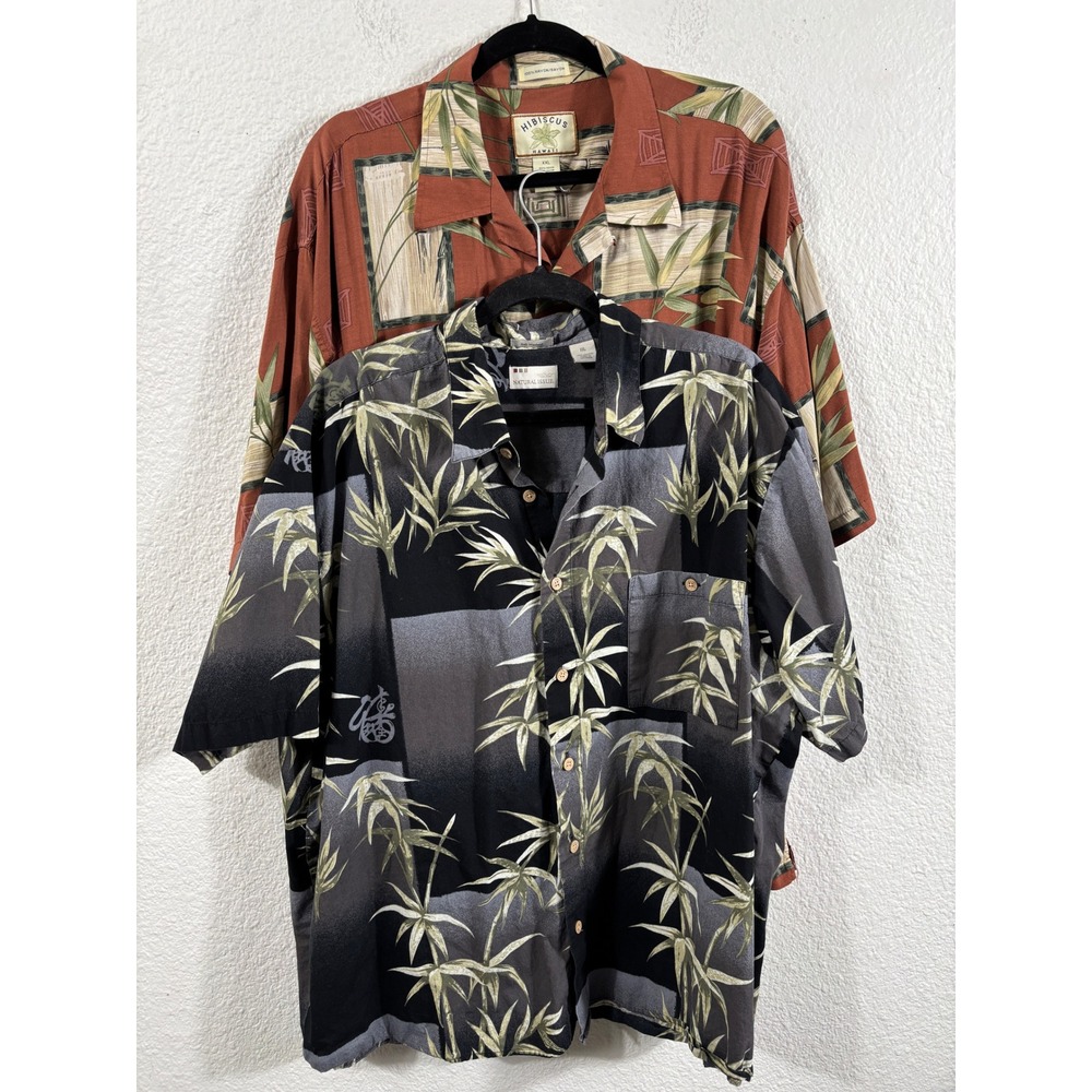 Lot of 2 Mens Hawaiian Shirts Hibiscus Hawaii XXL Natural Issue Bamboo Rayon